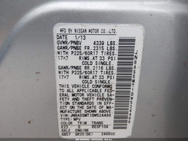 Aukcja sprzedaży 2013 Nissan Rogue Sv, vin: JN8AS5MT1DW524488, numer aukcji: 45028992