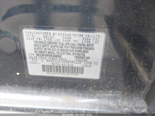 Aukcja sprzedaży 2017 Nissan Versa 1.6 S+, vin: 3N1CN7APXHL849332, numer aukcji: 45028994
