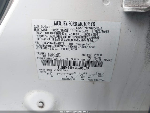 Продаж на аукціоні авто 2009 Lincoln Mks, vin: 1LNHM94R49G606079, номер лоту: 45028993