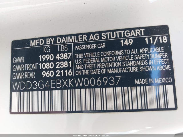 Aukcja sprzedaży 2019 Mercedes-benz A 220, vin: WDD3G4EBXKW006937, numer aukcji: 45028996