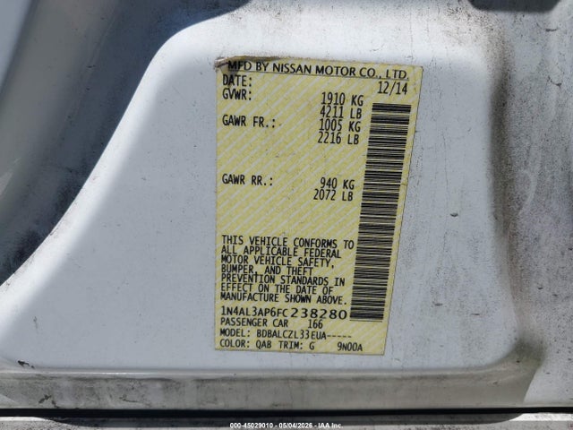 45029010 :رقم المزاد ، 1N4AL3AP6FC238280 vin ، 2015 Nissan Altima 2.5/2.5 S/2.5 Sl/2.5 Sv مزاد بيع