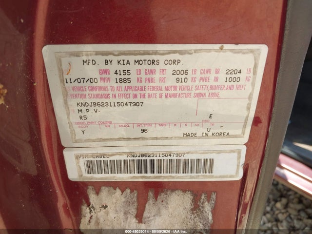 45029014 :رقم المزاد ، KNDJB623115047907 vin ، 2001 Kia Sportage مزاد بيع