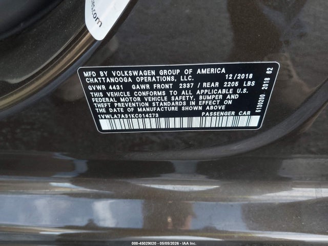 1VWLA7A31KC014273 Volkswagen Passat 2.0t Wolfsburg Edition