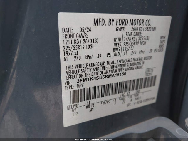 2024 Ford Mustang Mach-e Premium მანქანა იყიდება აუქციონზე, vin: 3FMTK3SU6RMA15150, აუქციონის ნომერი: 45029023