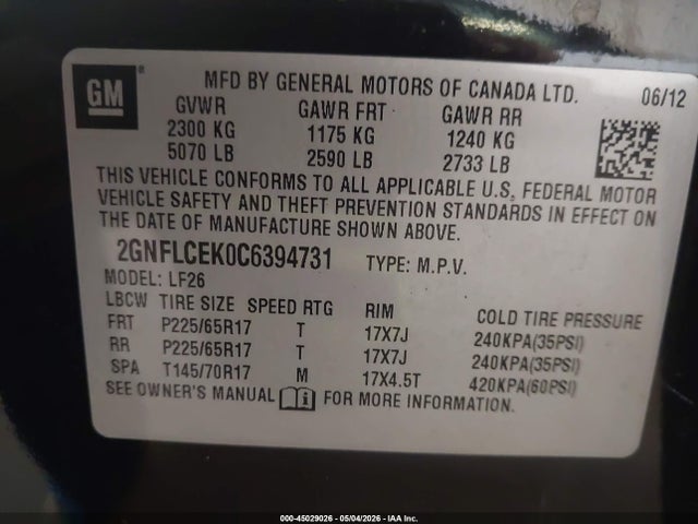 Продажа на аукционе авто 2012 Chevrolet Equinox Ls, vin: 2GNFLCEK0C6394731, номер лота: 45029026
