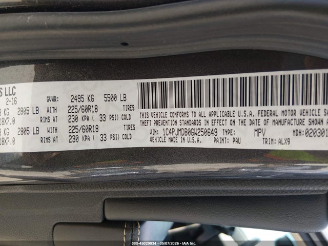 45029034 :رقم المزاد ، 1C4PJMDB0GW250649 vin ، 2016 Jeep Cherokee Limited مزاد بيع