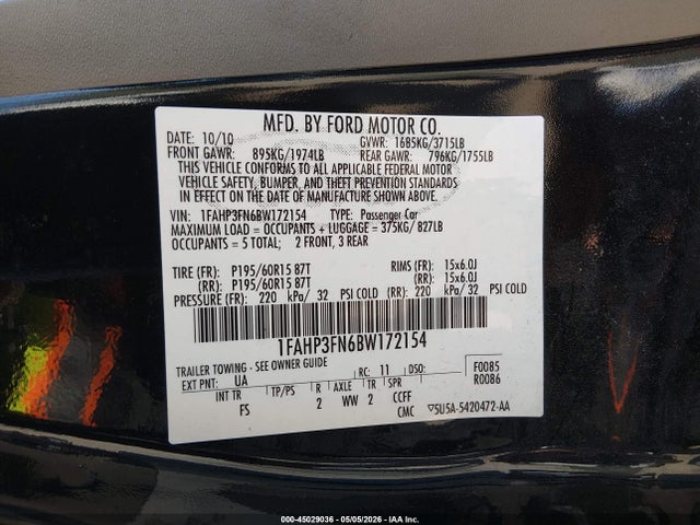 Продажа на аукционе авто 2011 Ford Focus Se, vin: 1FAHP3FN6BW172154, номер лота: 45029036