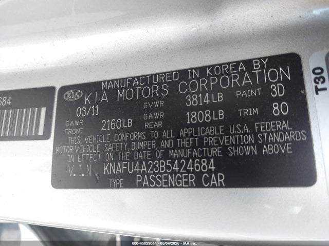45029041 :رقم المزاد ، KNAFU4A23B5424684 vin ، 2011 Kia Forte Ex مزاد بيع