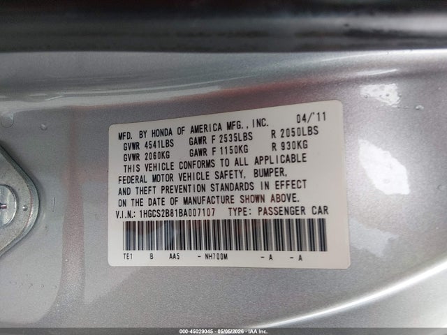 Продажа на аукционе авто 2011 Honda Accord 3.5 Ex-l, vin: 1HGCS2B81BA007107, номер лота: 45029045