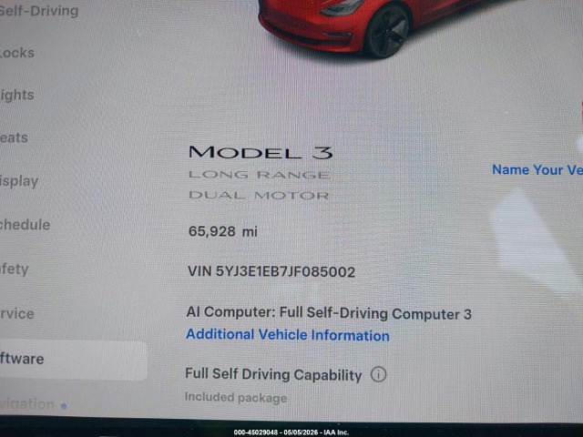 2018 Tesla Model 3 Long Range/performance მანქანა იყიდება აუქციონზე, vin: 5YJ3E1EB7JF085002, აუქციონის ნომერი: 45029048