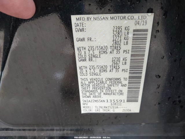 Продаж на аукціоні авто 2019 Nissan Murano Sl, vin: 5N1AZ2MS5KN135591, номер лоту: 45029051