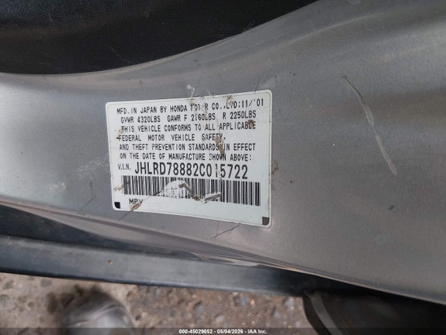 2002 Honda Cr-v Ex მანქანა იყიდება აუქციონზე, vin: JHLRD78882C015722, აუქციონის ნომერი: 45029052