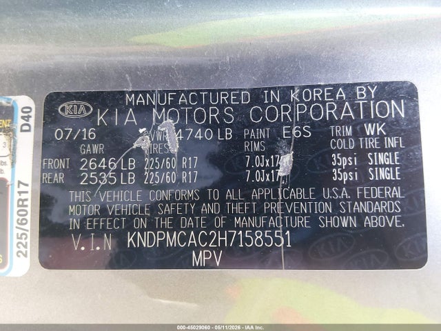 Продажа на аукционе авто 2017 Kia Sportage Lx, vin: KNDPMCAC2H7158551, номер лота: 45029060