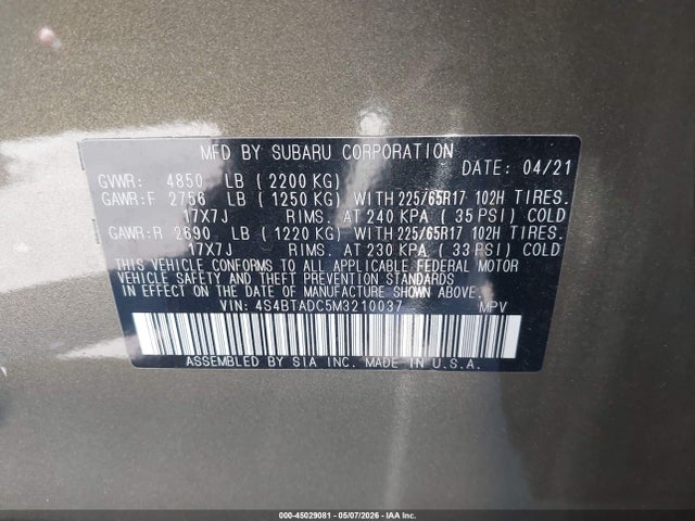 Aukcja sprzedaży 2021 Subaru Outback Premium, vin: 4S4BTADC5M3210037, numer aukcji: 45029081