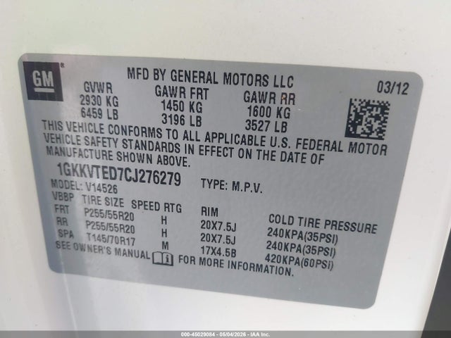 Auction sale of the 2012 Gmc Acadia Denali, vin: 1GKKVTED7CJ276279, lot number: 45029084