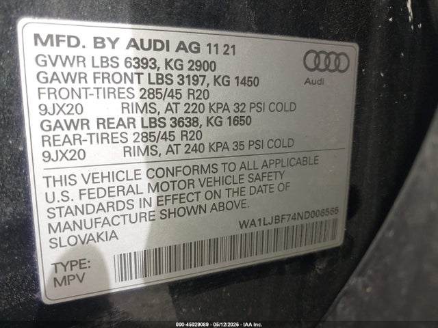 45029089 :رقم المزاد ، WA1LJBF74ND006565 vin ، 2022 Audi Q7 Premium Plus 45 Tfsi Quattro Tiptronic مزاد بيع