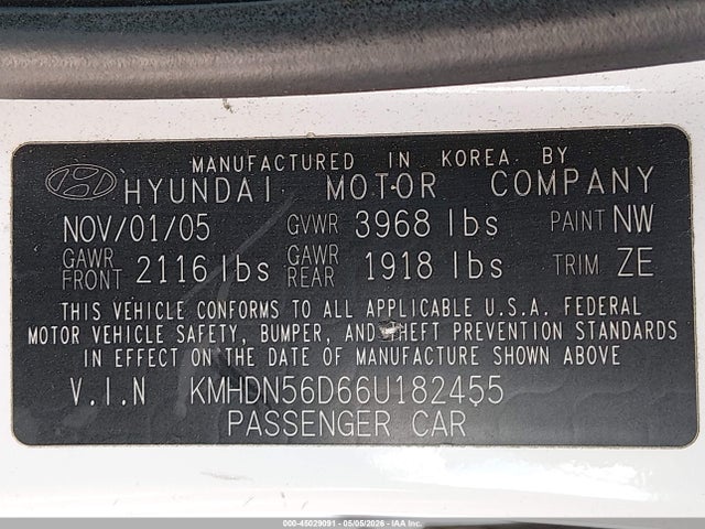 45029091 :رقم المزاد ، KMHDN56D66U182455 vin ، 2006 Hyundai Elantra Gls/gt مزاد بيع