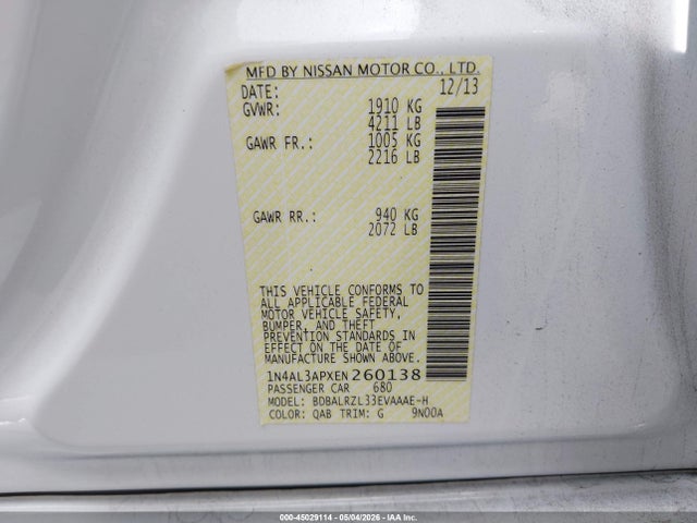 1N4AL3APXEN260138 Nissan Altima 2.5 S