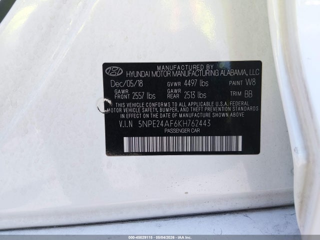 45029115 :رقم المزاد ، 5NPE24AF6KH762443 vin ، 2019 Hyundai Sonata Se مزاد بيع