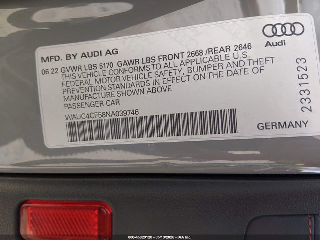 2022 Audi S5 Sportback Premium Plus Tfsi Quattro Tiptronic მანქანა იყიდება აუქციონზე, vin: WAUC4CF58NA039746, აუქციონის ნომერი: 45029120