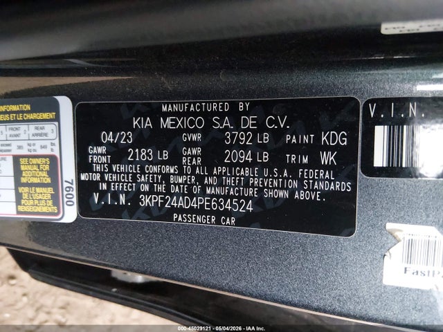 45029121 :رقم المزاد ، 3KPF24AD4PE634524 vin ، 2023 Kia Forte Lx مزاد بيع