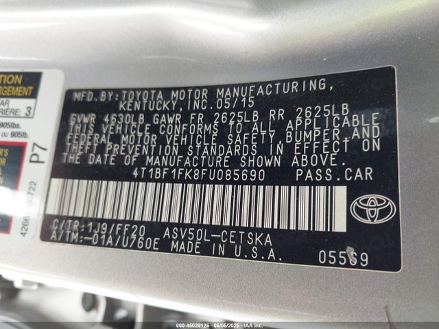 2015 Toyota Camry Se მანქანა იყიდება აუქციონზე, vin: 4T1BF1FK8FU085690, აუქციონის ნომერი: 45029126