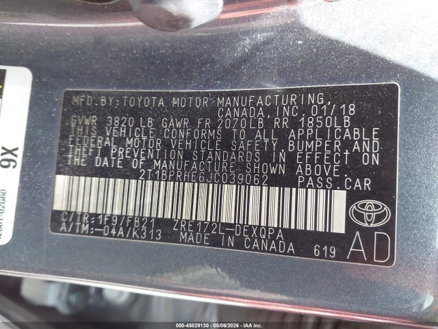 Aukcja sprzedaży 2018 Toyota Corolla Le Eco, vin: 2T1BPRHE6JC039062, numer aukcji: 45029130
