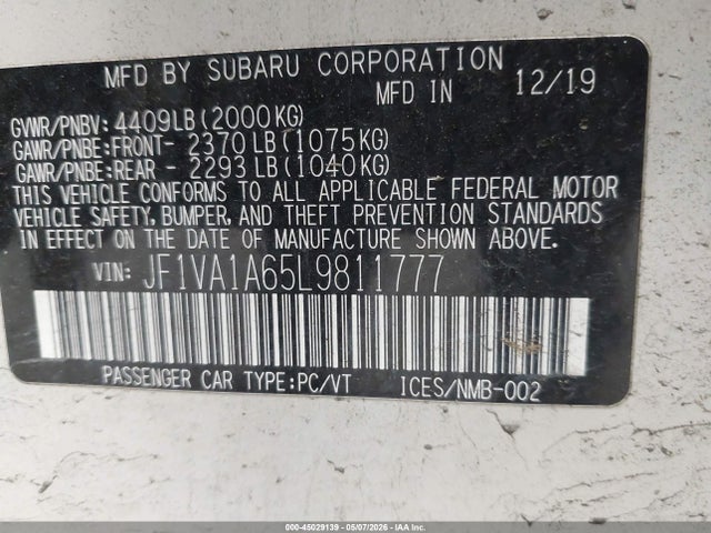 Aukcja sprzedaży 2020 Subaru Wrx, vin: JF1VA1A65L9811777, numer aukcji: 45029139