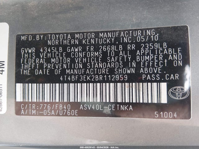 Продаж на аукціоні авто 2011 Toyota Camry Le, vin: 4T4BF3EK2BR112959, номер лоту: 45029143