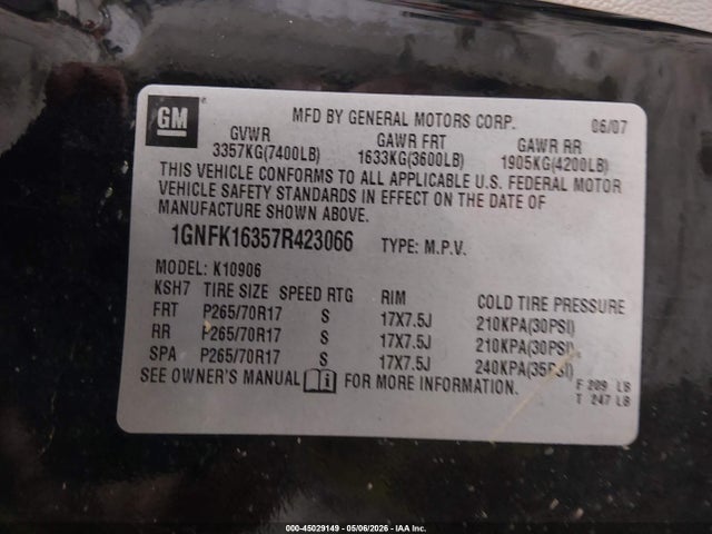 Продажа на аукционе авто 2007 Chevrolet Suburban 1500 Ls, vin: 1GNFK16357R423066, номер лота: 45029149