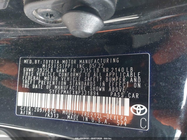 45029151 :رقم المزاد ، 5YFEPMAEXNP331894 vin ، 2022 Toyota Corolla Le مزاد بيع