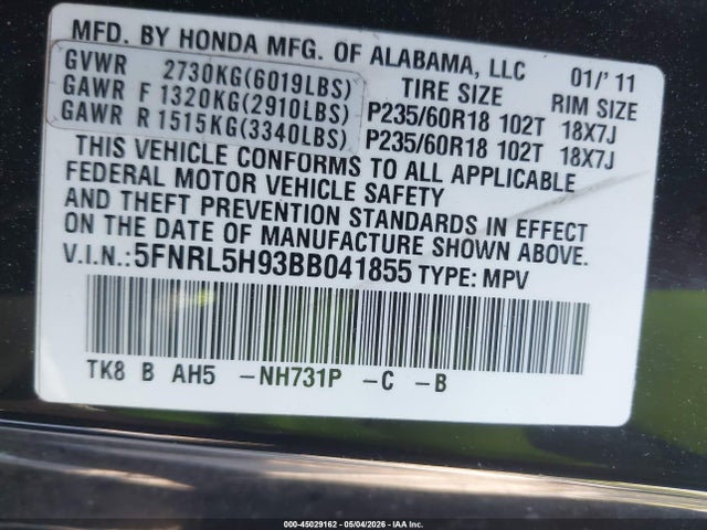 Продаж на аукціоні авто 2011 Honda Odyssey Touring/touring Elite, vin: 5FNRL5H93BB041855, номер лоту: 45029162
