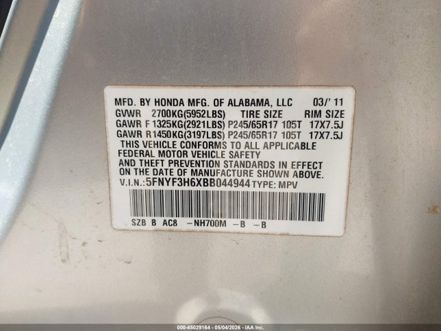 45029164 :رقم المزاد ، 5FNYF3H6XBB044944 vin ، 2011 Honda Pilot Ex-l مزاد بيع