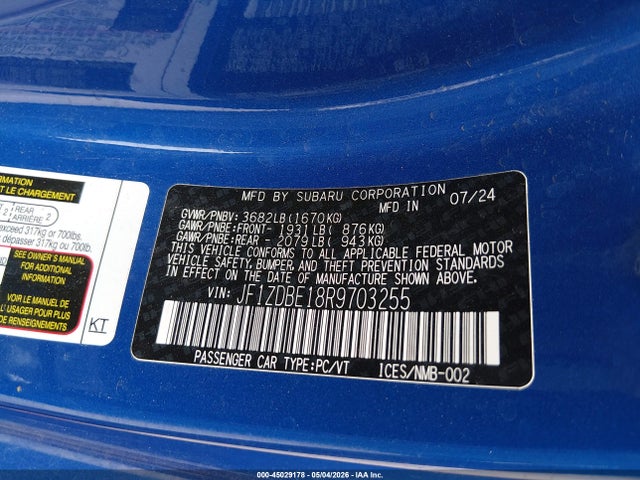 2024 Subaru Brz Limited მანქანა იყიდება აუქციონზე, vin: JF1ZDBE18R9703255, აუქციონის ნომერი: 45029178