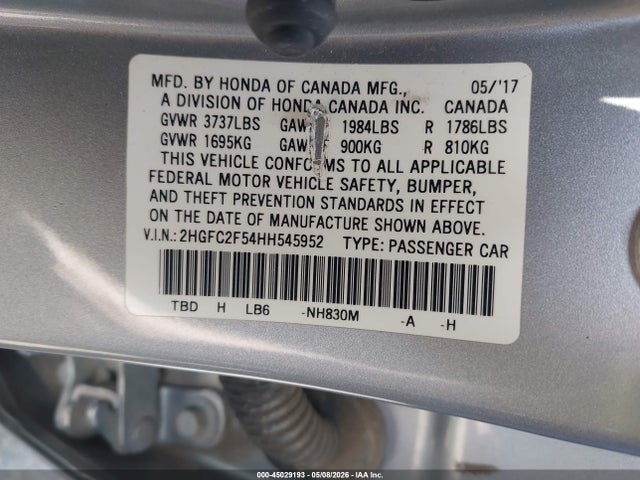 45029193 :رقم المزاد ، 2HGFC2F54HH545952 vin ، 2017 Honda Civic Lx مزاد بيع