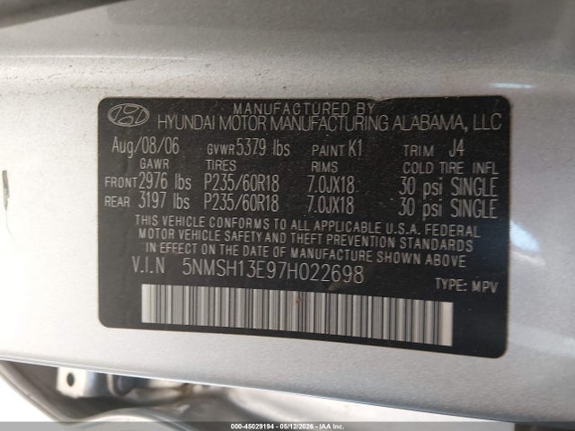 Aukcja sprzedaży 2007 Hyundai Santa Fe Limited/se, vin: 5NMSH13E97H022698, numer aukcji: 45029194