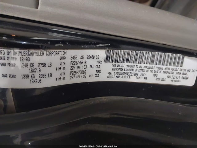 Aukcja sprzedaży 2004 Jeep Grand Cherokee Laredo, vin: 1J4GW48S94C281000, numer aukcji: 45029200