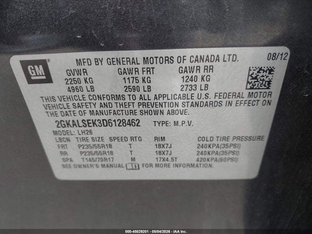 Aukcja sprzedaży 2013 Gmc Terrain Sle-2, vin: 2GKALSEK3D6128462, numer aukcji: 45029201