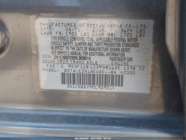 Aukcja sprzedaży 2021 Nissan Versa S Xtronic Cvt, vin: 3N1CN8DV9ML909014, numer aukcji: 45029206
