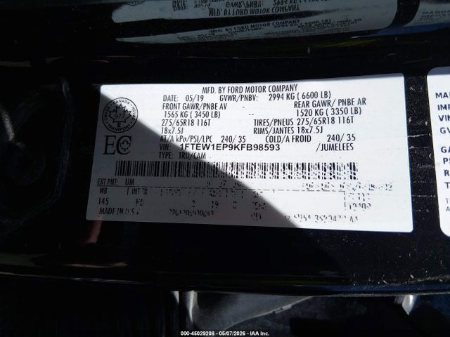 Продажа на аукционе авто 2019 Ford F-150 Lariat, vin: 1FTEW1EP9KFB98593, номер лота: 45029208