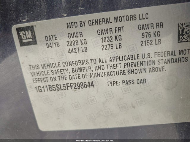 2015 Chevrolet Malibu Ls მანქანა იყიდება აუქციონზე, vin: 1G11B5SL5FF298644, აუქციონის ნომერი: 45029209