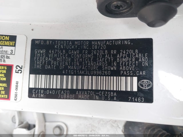 Aukcja sprzedaży 2020 Toyota Camry Se, vin: 4T1G11AK3LU996260, numer aukcji: 45029213