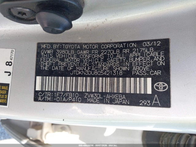 Aukcja sprzedaży 2012 Toyota Prius Two, vin: JTDKN3DU8C5421318, numer aukcji: 45029235