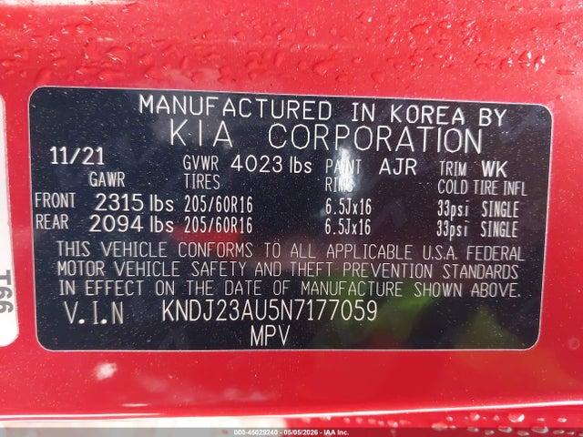 Aukcja sprzedaży 2022 Kia Soul Lx, vin: KNDJ23AU5N7177059, numer aukcji: 45029240