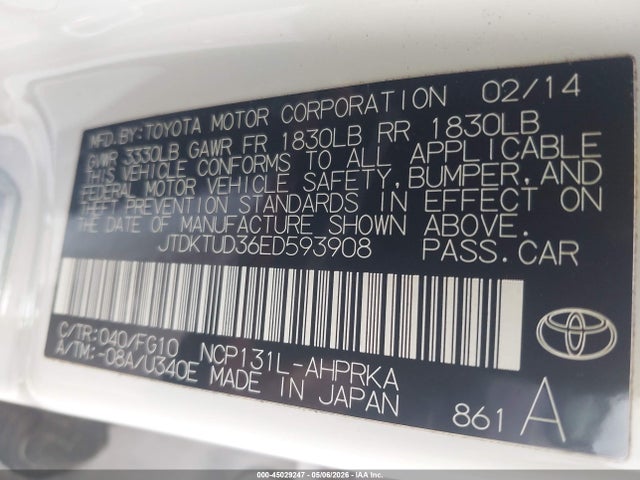 Продаж на аукціоні авто 2014 Toyota Yaris Le (tmc/cbu Plant), vin: JTDKTUD36ED593908, номер лоту: 45029247