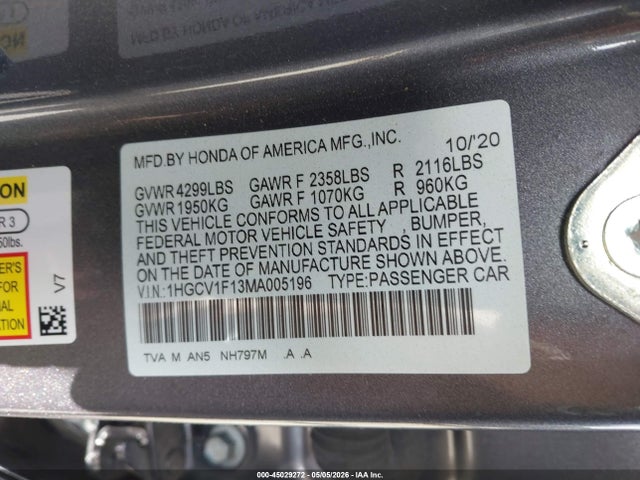 Honda ACCORD LX 2021 1HGCV1F13MA005196 Image 9
