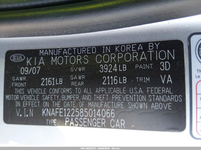 Продаж на аукціоні авто 2008 Kia Spectra Sx, vin: KNAFE122585014066, номер лоту: 45029278
