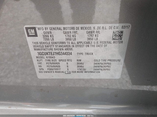 45029280 :رقم المزاد ، 3GCUKTEJ7HG344334 vin ، 2017 Chevrolet Silverado 1500 High Country مزاد بيع