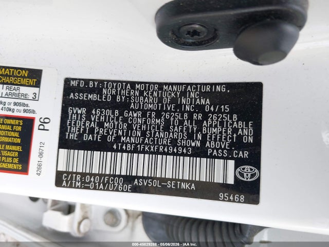 2015 Toyota Camry Le მანქანა იყიდება აუქციონზე, vin: 4T4BF1FKXFR494943, აუქციონის ნომერი: 45029288