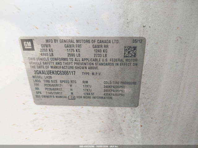 45029290 :رقم المزاد ، 2GKALUEK0C6366117 vin ، 2012 Gmc Terrain Slt-1 مزاد بيع